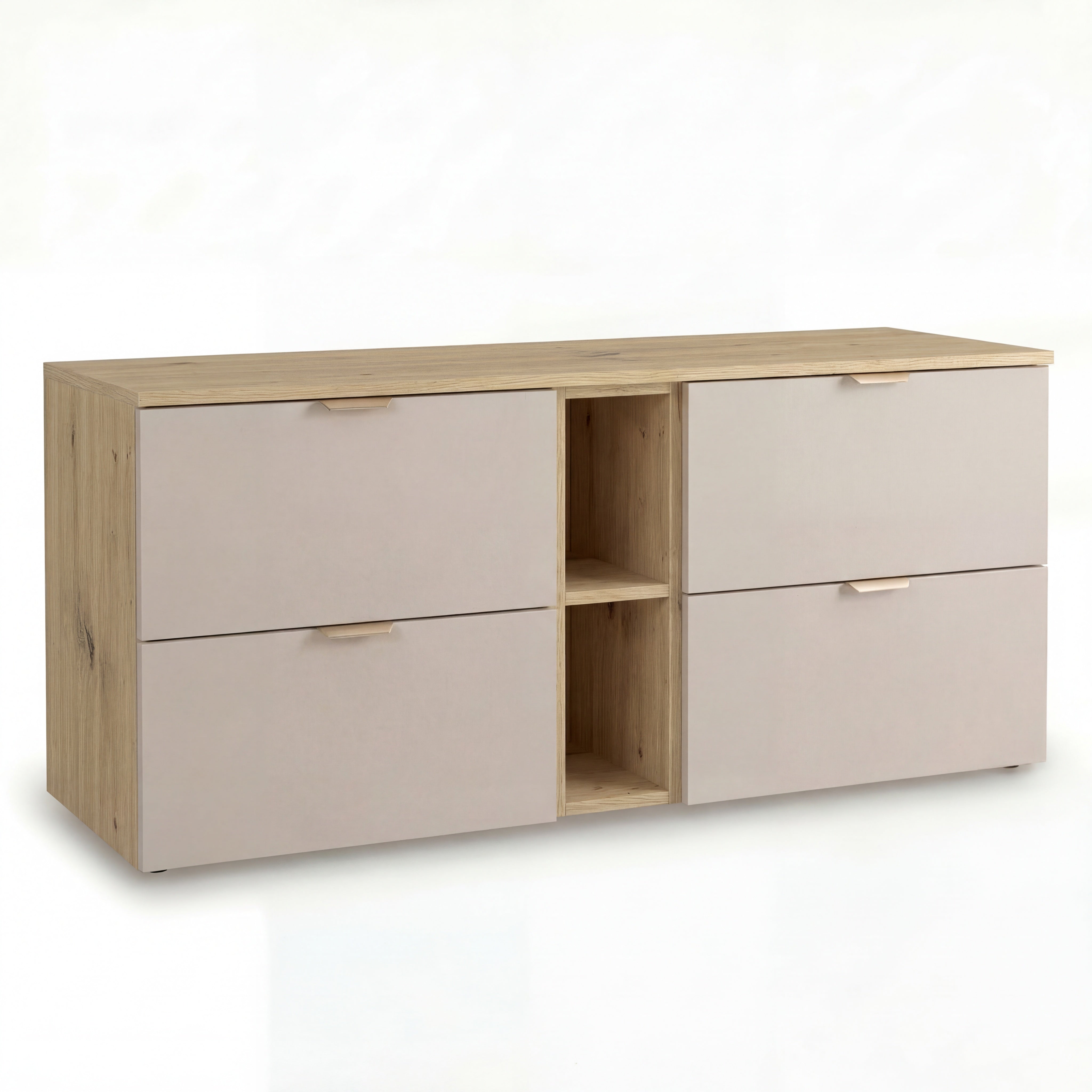 Szafka pod umywalkę Orio 140 cm Kaszmir / Dąb artisan - nowoczesna szafka łazienkowa z gładkimi frontami, szufladami i praktycznym regałem.