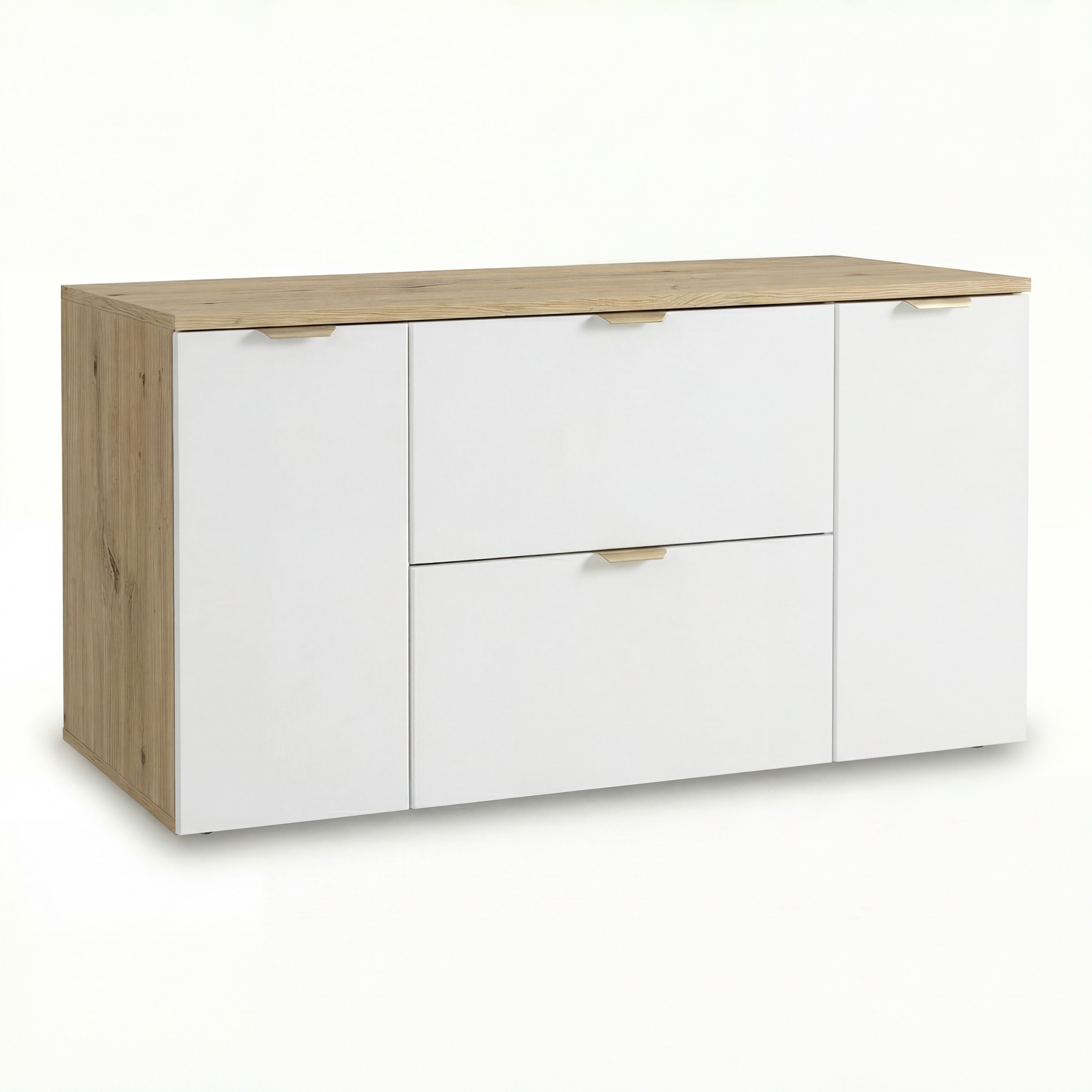 Szafka pod umywalkę Orio 120 cm Biała/Dąb artisan – elegancka szafka łazienkowa z 2 drzwiami i 2 szufladami, blat 120 cm.