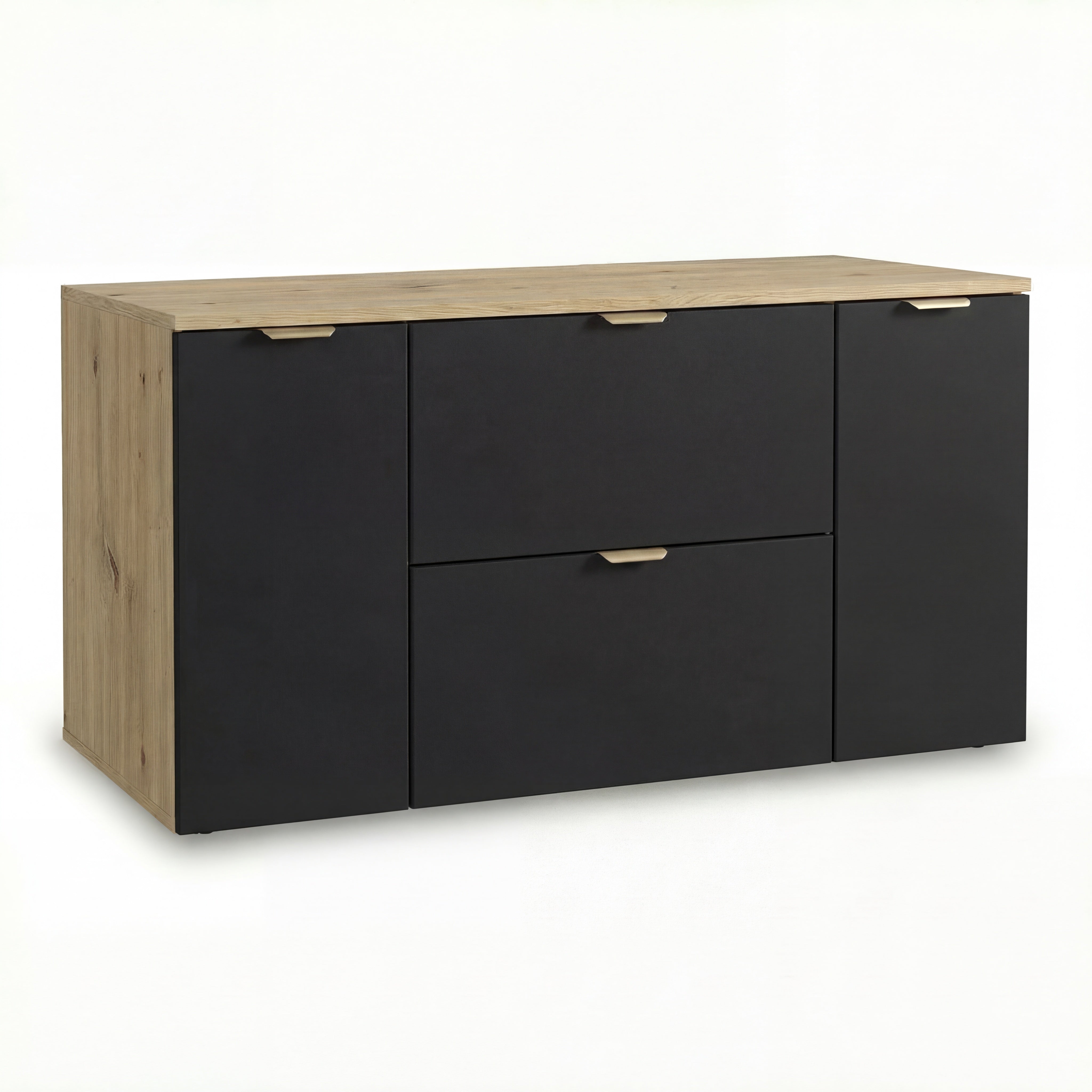 Szafka pod umywalkę Orio 120 cm Czarna/Dąb artisan – nowoczesna, pojemna szafka łazienkowa z 2 drzwiami, 2 szufladami i blatem 120 cm.