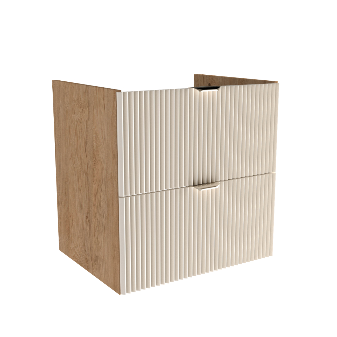 Szafka pod umywalkę 60 cm Kaszmir i Orzech z ryflowanymi frontami i dwiema szufladami, elegancka szafka łazienkowa do nowoczesnej łazienki.