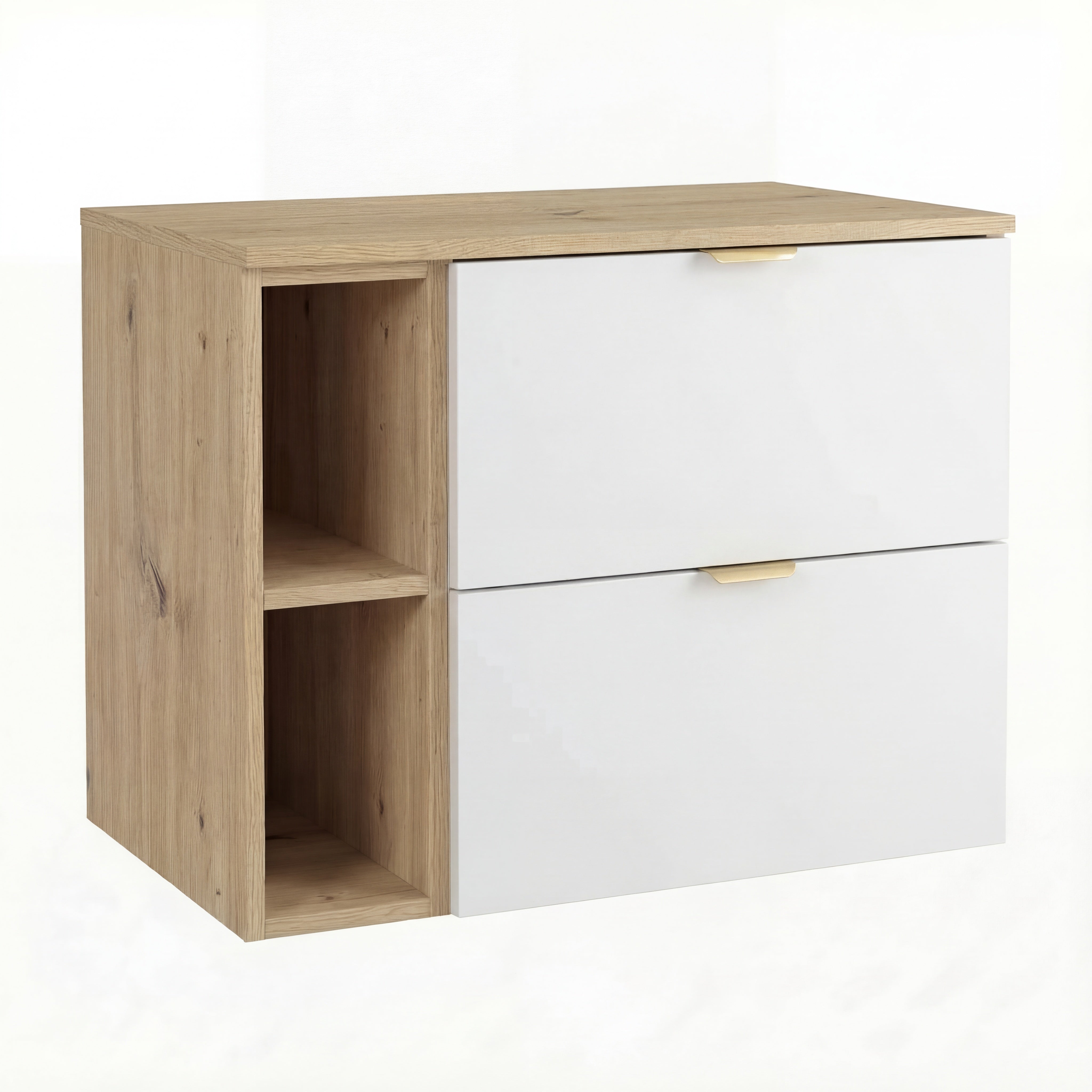 Szafka pod umywalkę Orio 80 cm - Biała / Dąb Artisan z regałem i gładkimi frontami w nowoczesnej łazience.