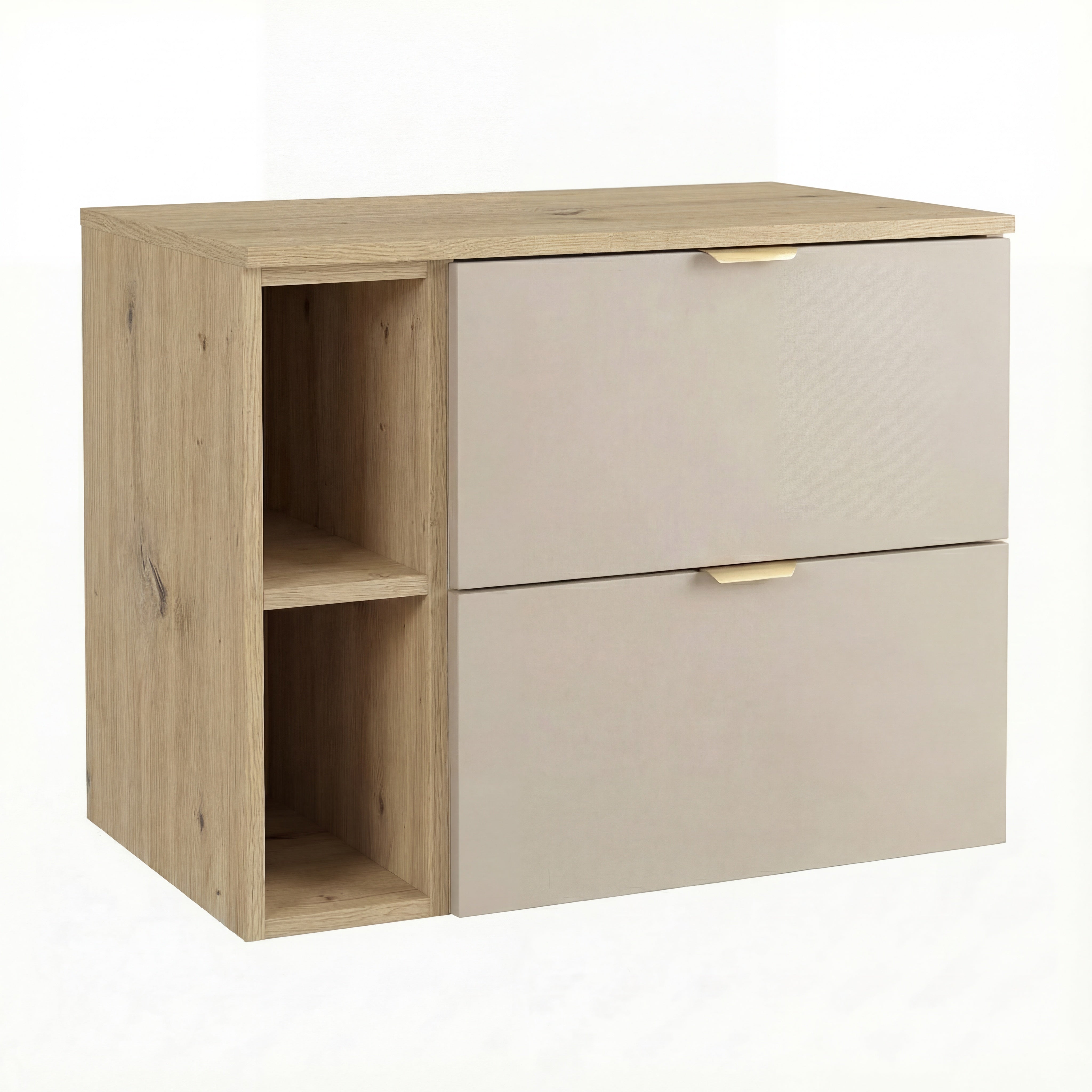 Szafka pod umywalkę Orio 80 cm Kaszmir z regałem w dekorze Dąb artisan – wisząca, nowoczesna szafka łazienkowa z gładkimi frontami.