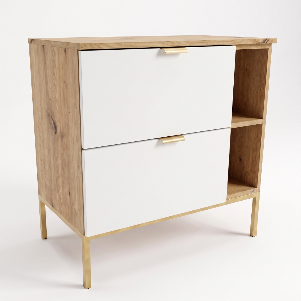 Szafka pod umywalkę Orio 80 cm biała z regałem Dąb Artisan, 2 szufladami Soft-Close i metalowym stelażem