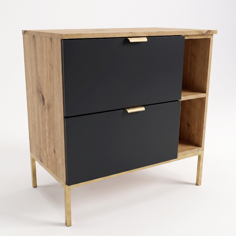 Szafka pod umywalkę Orio 80 cm czarna z regałem Dąb Artisan, 2 szufladami Soft-Close i metalowym stelażem