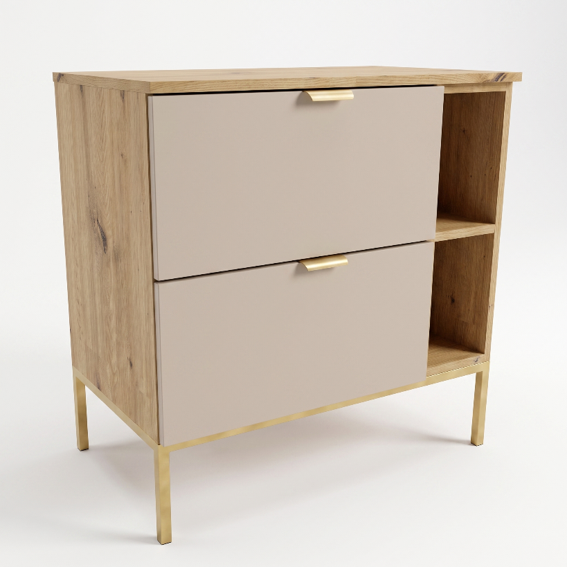 Szafka pod umywalkę Orio 80 cm kaszmir dąb artisan z regałem, 2 szufladami Soft-Close i metalowym stelażem
