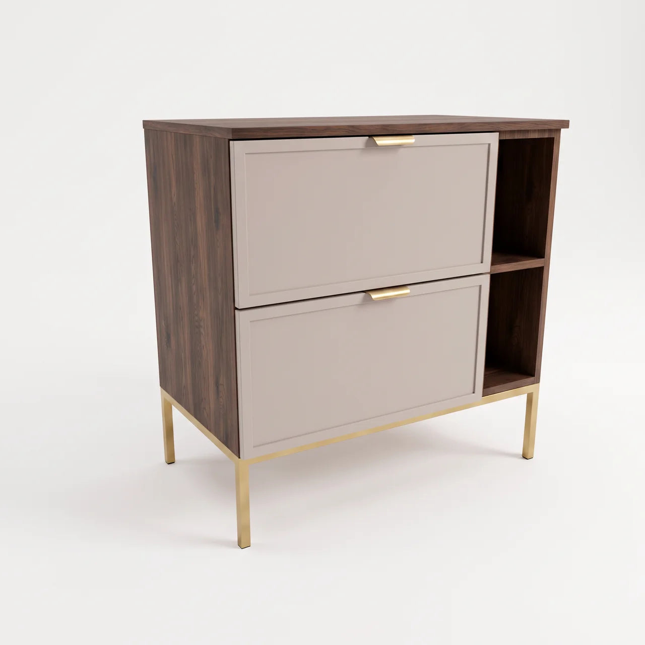 Szafka pod umywalkę Roma 80 cm z regałem w kolorze Kaszmir/Orzech Ciemny na metalowym stelażu. Eleganckie fronty z dekoracyjną ramką, dwie szuflady SOFT-CLOSE oraz otwarty regał tworzą stylowy i funkcjonalny mebel do łazienki.