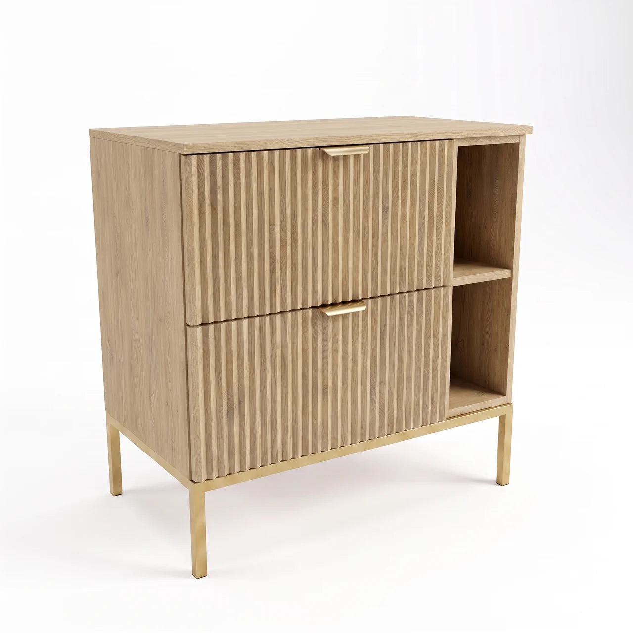 Szafka pod umywalkę Willy 80 cm Dąb Cremona z regałem, ryflowanymi frontami, 2 szufladami Soft-Close i metalowym stelażem