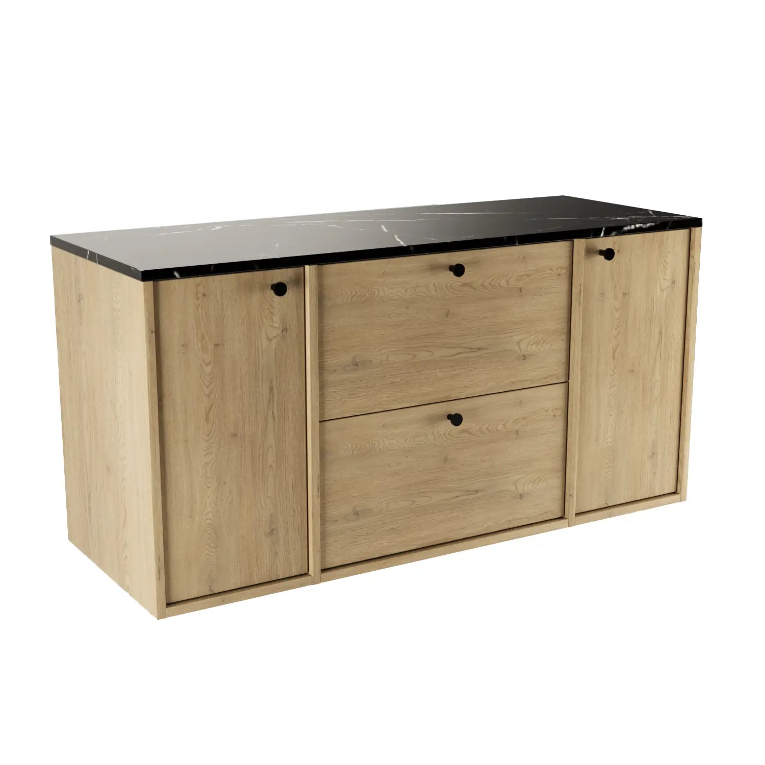 Szafka pod umywalkę 120 cm Belino Dąb Cremona z 2 szufladami, 2 drzwiami i blatem Marmur Czarny Royal – elegancka szafka łazienkowa.