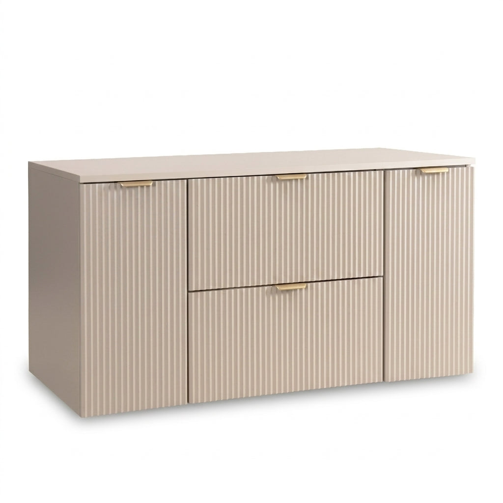 Szafka pod umywalkę 120 cm Kaszmir Willy – elegancka łazienkowa szafka z ryflowanymi frontami, szufladami i drzwiami, funkcjonalna i nowoczesna.