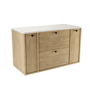 Szafka pod umywalkę 100 cm Belino dąb Cremona z blatem Marmur Bianco, dwiema szufladami Soft-Close i dwoma zamkniętymi regałami do łazienki.