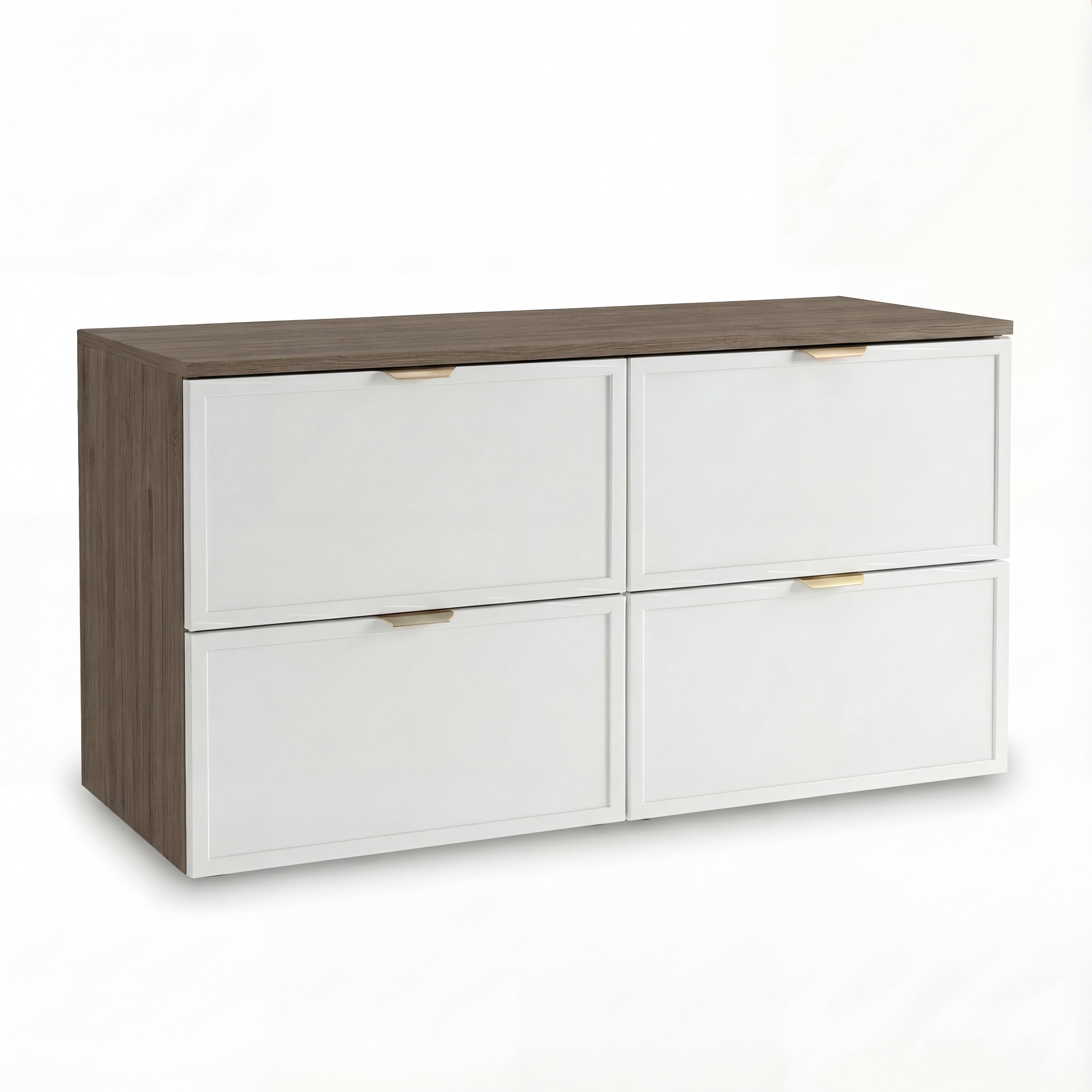 Szafka pod umywalkę Roma 120 cm Biały/Ciemny Orzech z 4 szufladami SOFT-CLOSE i wycięciem na syfon – elegancki, dwukolorowy mebel łazienkowy.
