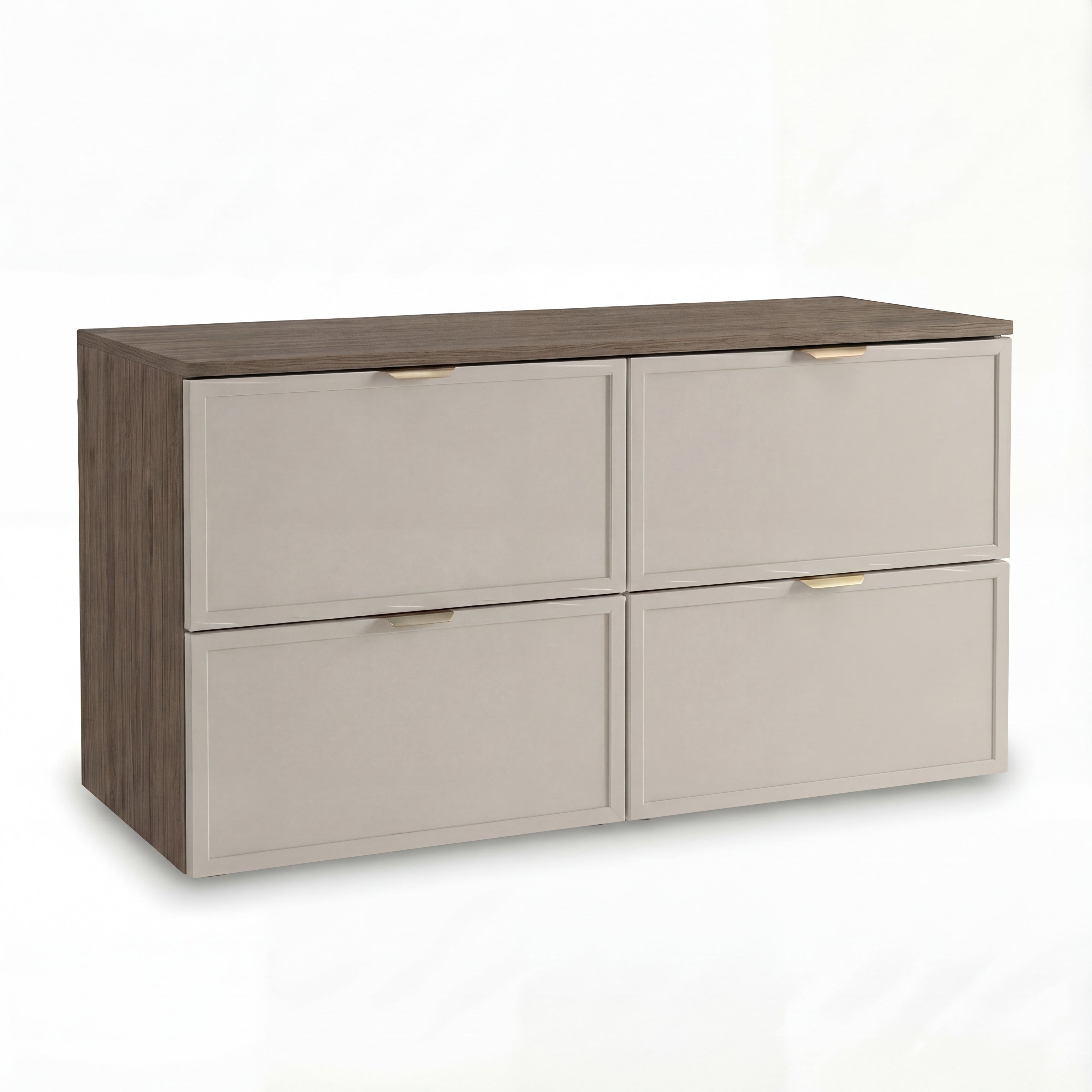 Szafka pod umywalkę Roma 120 cm Kaszmir/Ciemny Orzech z 4 szufladami SOFT-CLOSE i blatem łączącym dwie szafki – elegancki i nowoczesny mebel łazienkowy.