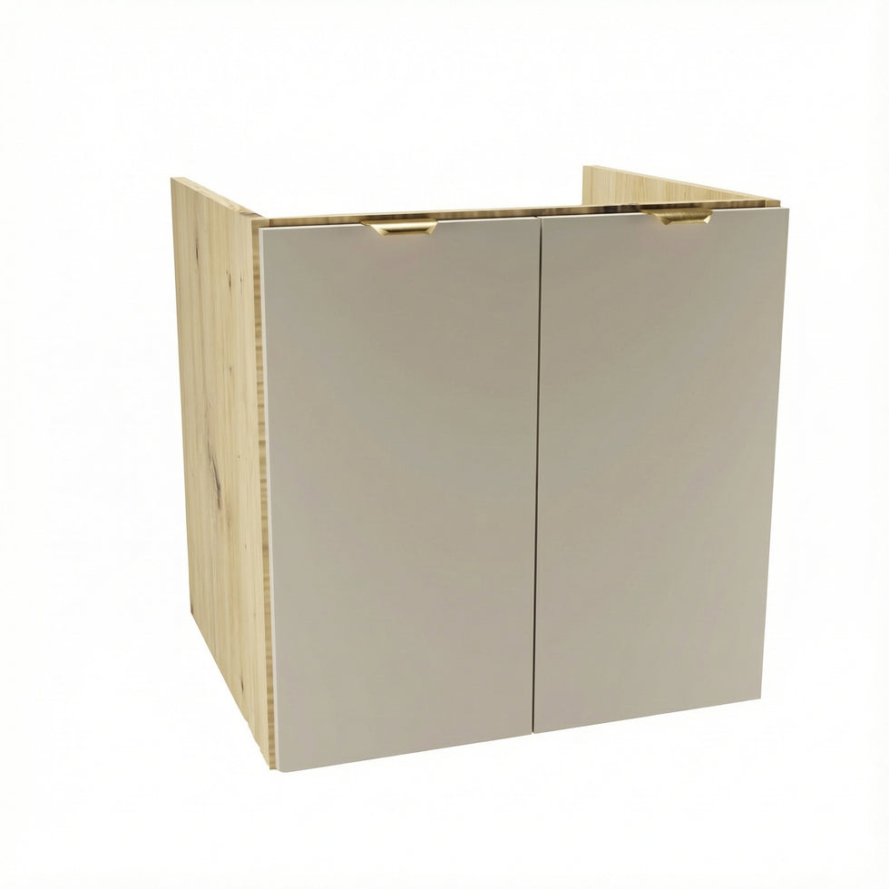 Szafka pod umywalkę Orio 60 cm w kolorze kaszmir, z drzwiami, półką wewnętrzną i metalowym uchwytem.