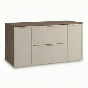 Szafka łazienkowa Roma 120 cm Kaszmir/Ciemny Orzech z 2 szufladami SOFT-CLOSE i 2 bocznymi szafkami z drzwiami oraz blatem w odcieniu Ciemny Orzech.