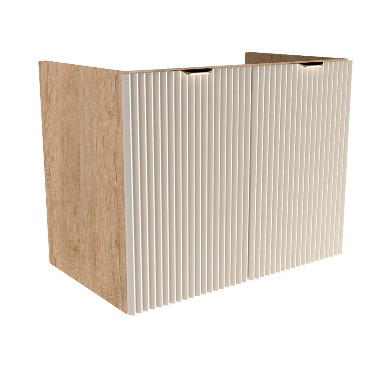 Szafka pod umywalkę Willy 80 cm w kolorze Kaszmir/Orzech z ryflowanymi frontami, półką wewnętrzną i metalowymi uchwytami, idealna do nowoczesnej łazienki.