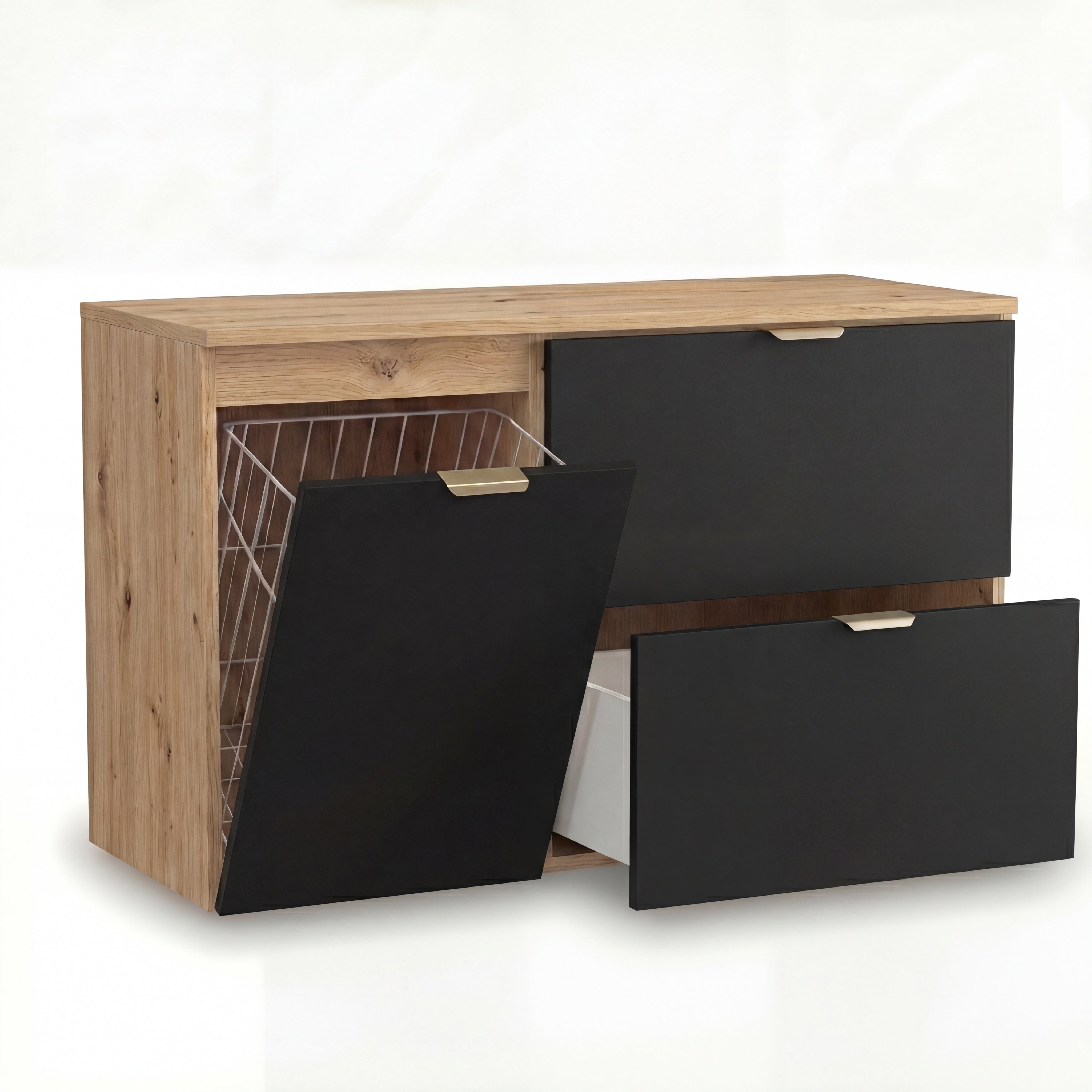 Szafka pod umywalkę Orio 100 cm Czarna/Dąb artisan z koszem na pranie - funkcjonalna i nowoczesna szafka łazienkowa.