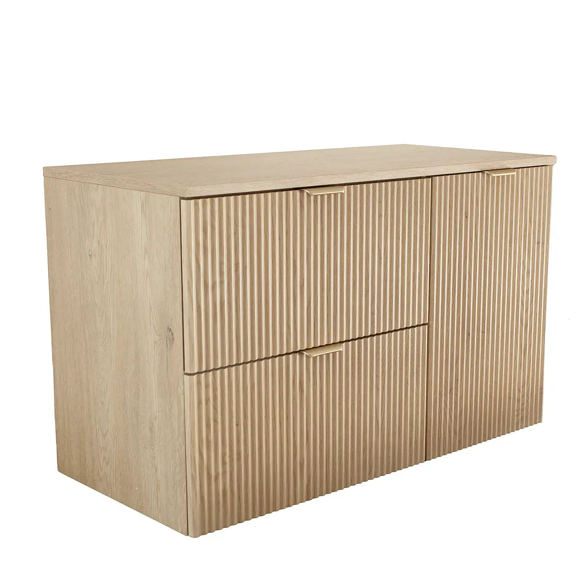 Szafka pod umywalkę 100 cm Dąb Cremona Willy z koszem na pranie i ryflowanymi frontami.