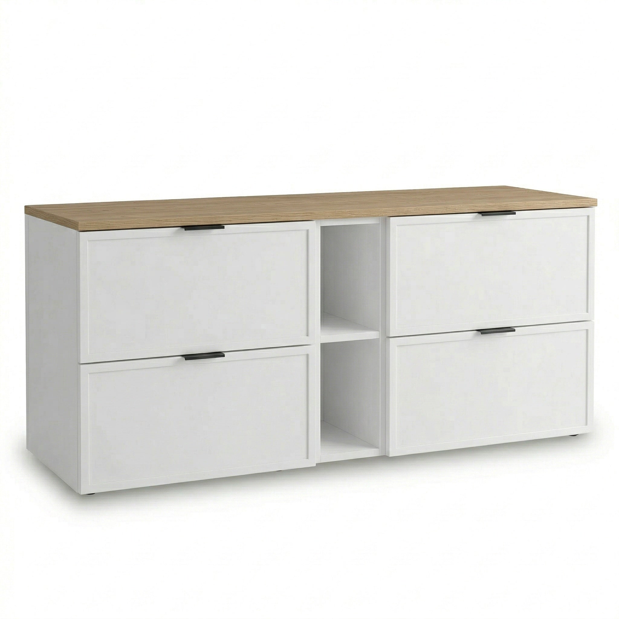 Szafka pod umywalkę 140 cm biała dąb cremona blat Roma z regałem łazienkowa MDF blat dąb cremona białe fronty