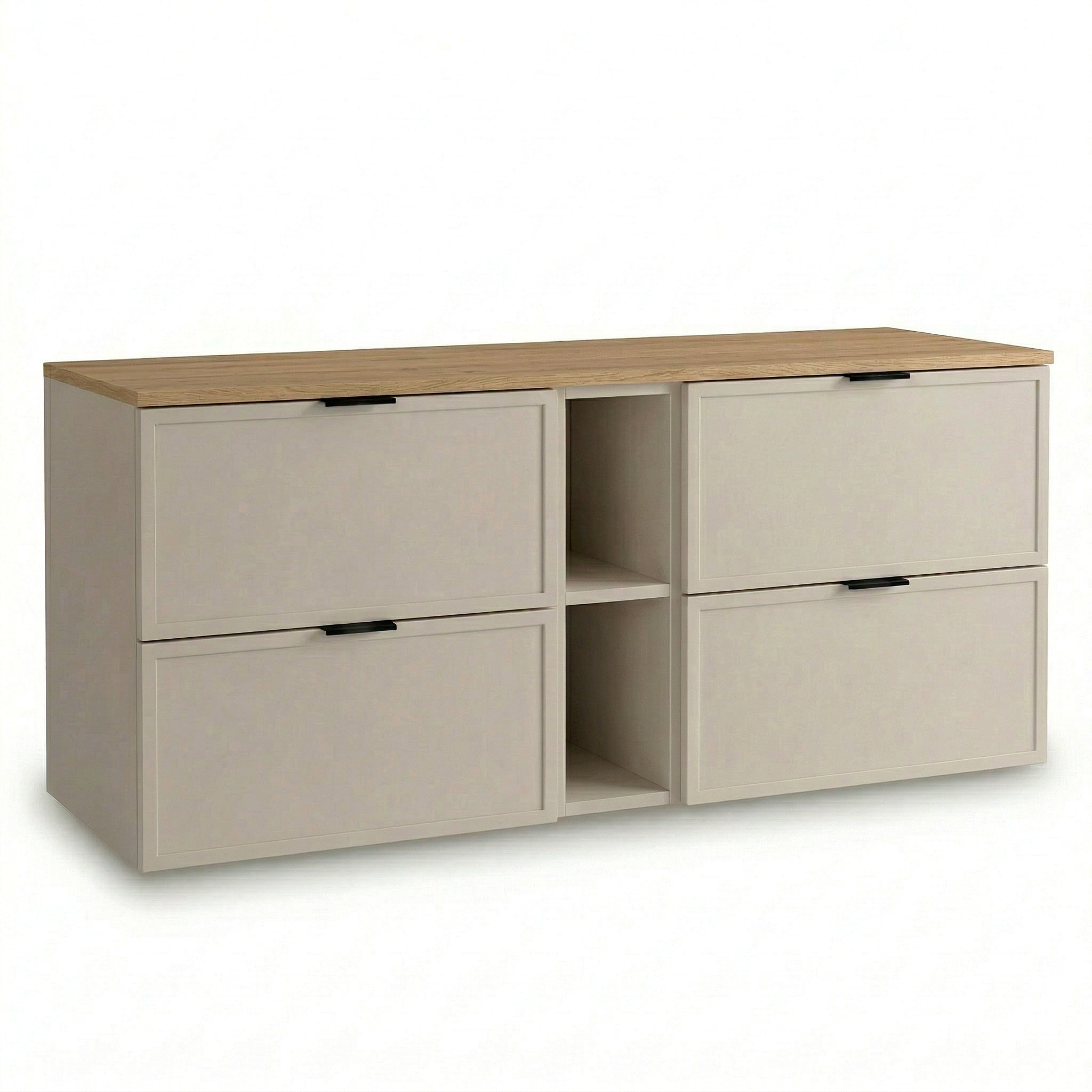 Szafka pod umywalkę 140 cm kaszmir dąb cremona blat Roma z regałem łazienkowa MDF blat dąb cremona kaszmir soft close