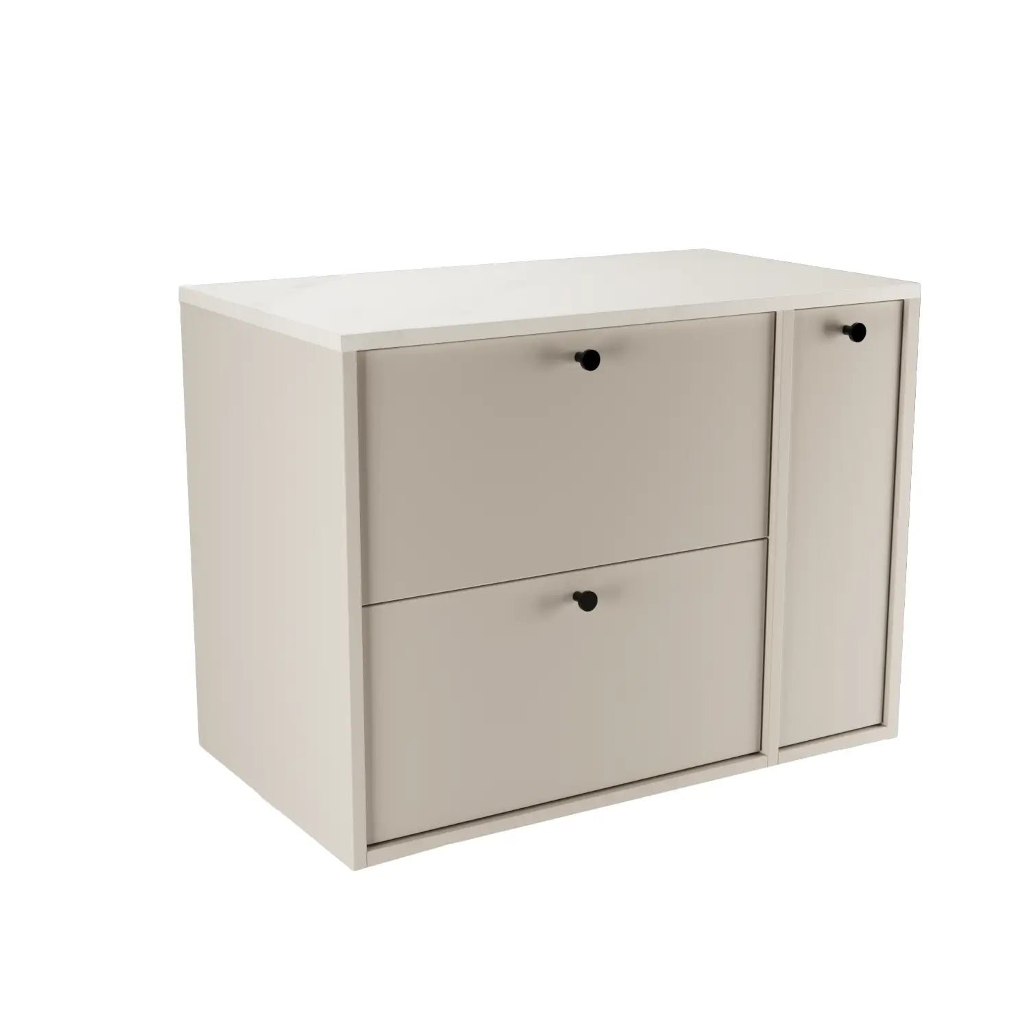 Szafka łazienkowa Belino 80 cm Kaszmir z regałem bocznym i blatem Marmur Bianco, 2 szuflady Soft-Close, stylowy i nowoczesny mebel.