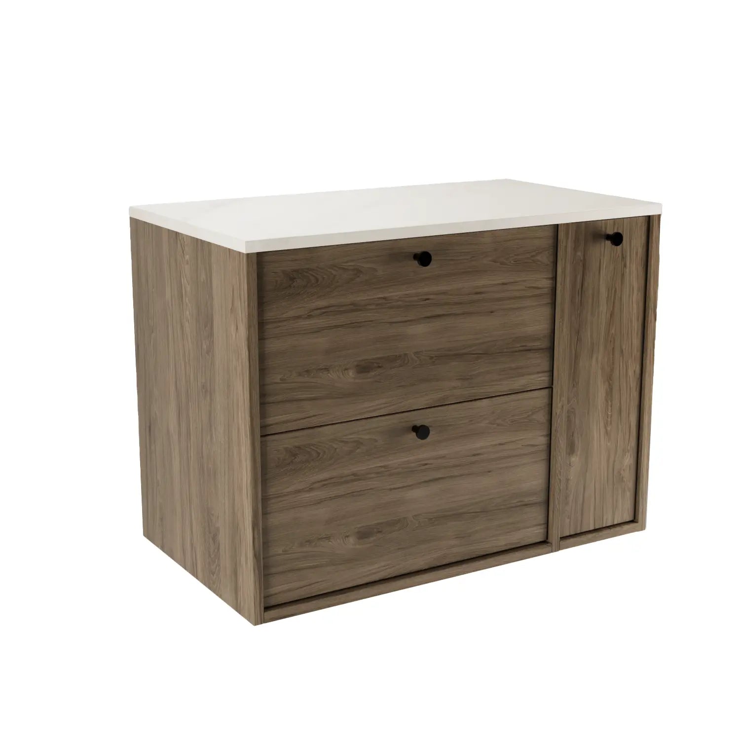Szafka łazienkowa Belino 80 cm Ciemny Orzech z regałem bocznym i blatem Marmur Bianco, 2 szuflady Soft-Close, nowoczesny i elegancki mebel.