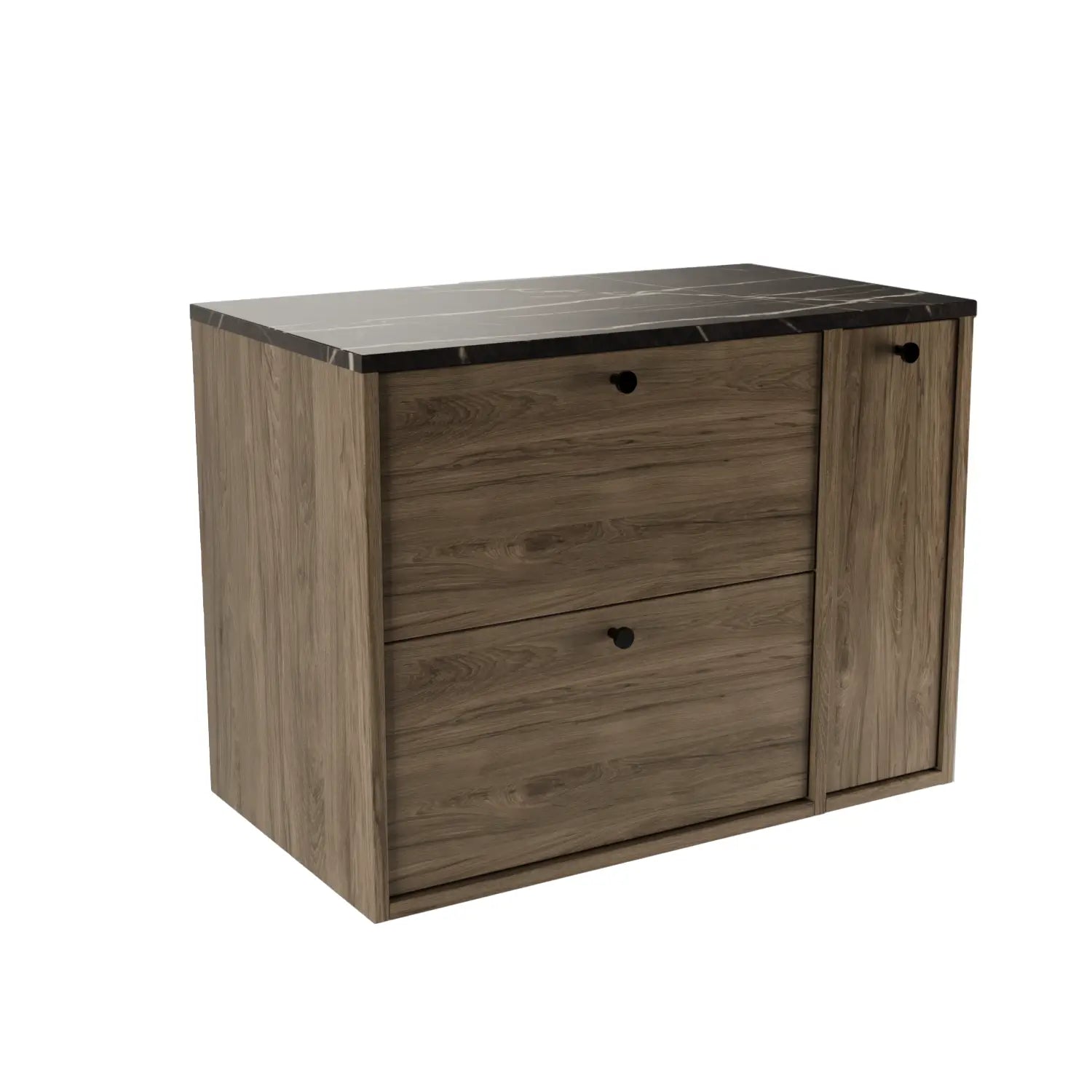 Szafka łazienkowa Belino 80 cm Ciemny Orzech z regałem bocznym i blatem Marmur Czarny Royal, 2 szuflady Soft-Close, nowoczesny i elegancki mebel.