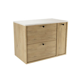 Szafka łazienkowa pod umywalkę Belino 80 cm Dąb Cremona z blatem Marmur Bianco i bocznym regałem zamkniętym, nowoczesny design.