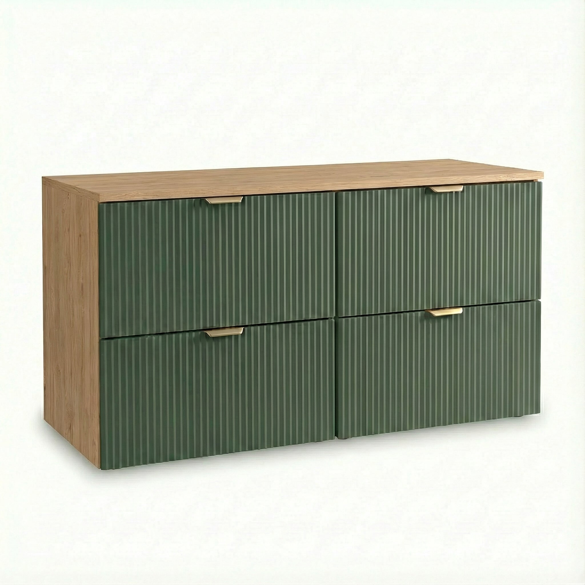 Szafka pod umywalkę 120 cm Szałwiowy Orzech Willy z ryflowanymi frontami i 4 szufladami soft-close do nowoczesnej łazienki.
