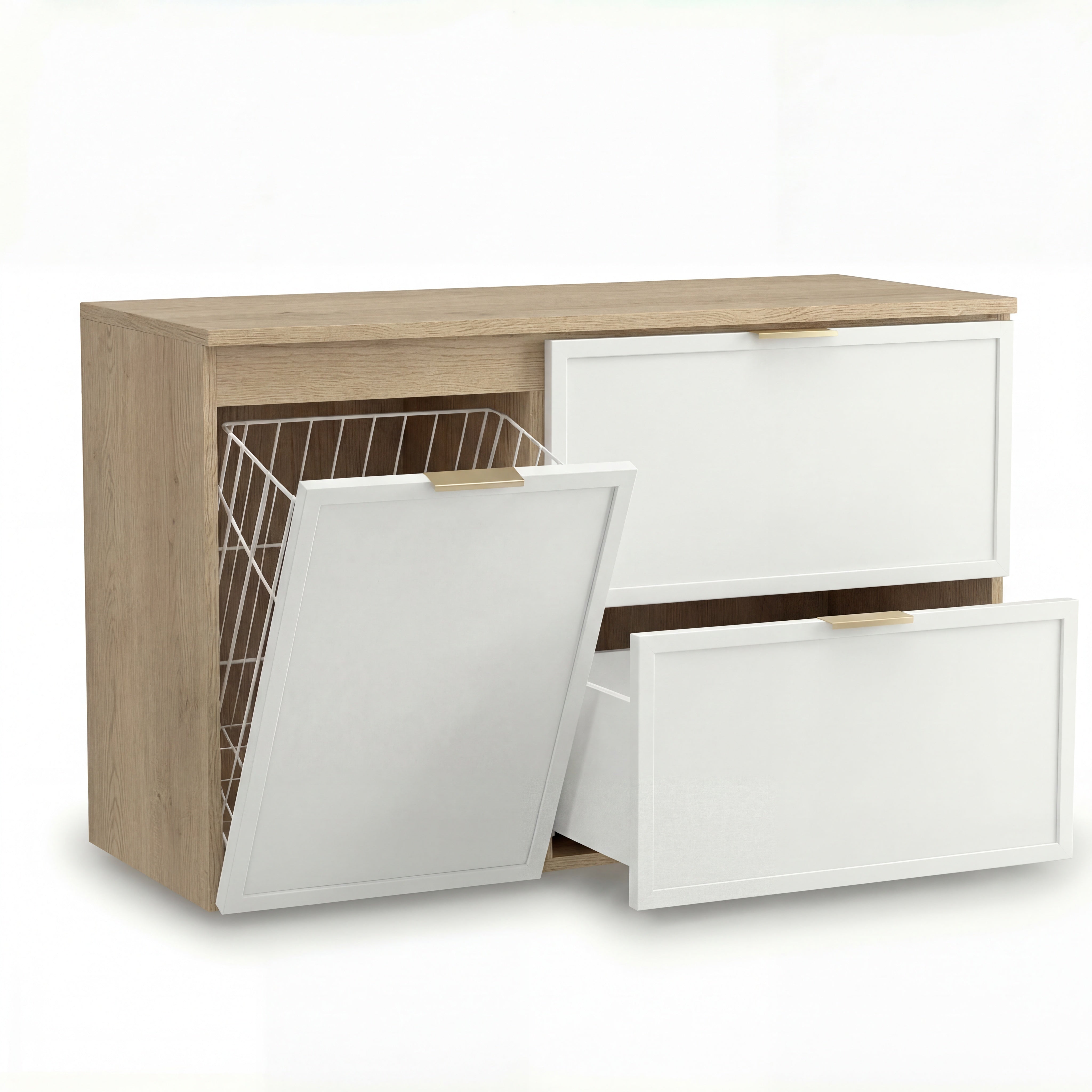Szafka pod umywalkę Roma 100 cm Biała/Dąb Cremona z szufladami SOFT-CLOSE i koszem na pranie – elegancki i funkcjonalny zestaw łazienkowy.