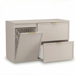 Szafka pod umywalkę Roma 100 cm Kaszmir z szufladami SOFT-CLOSE i wbudowanym koszem na pranie – elegancki i funkcjonalny zestaw łazienkowy.