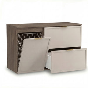 Szafka pod umywalkę Roma 100 cm Kaszmir/Ciemny Orzech z szufladami SOFT-CLOSE i koszem na pranie – elegancki i praktyczny zestaw łazienkowy.