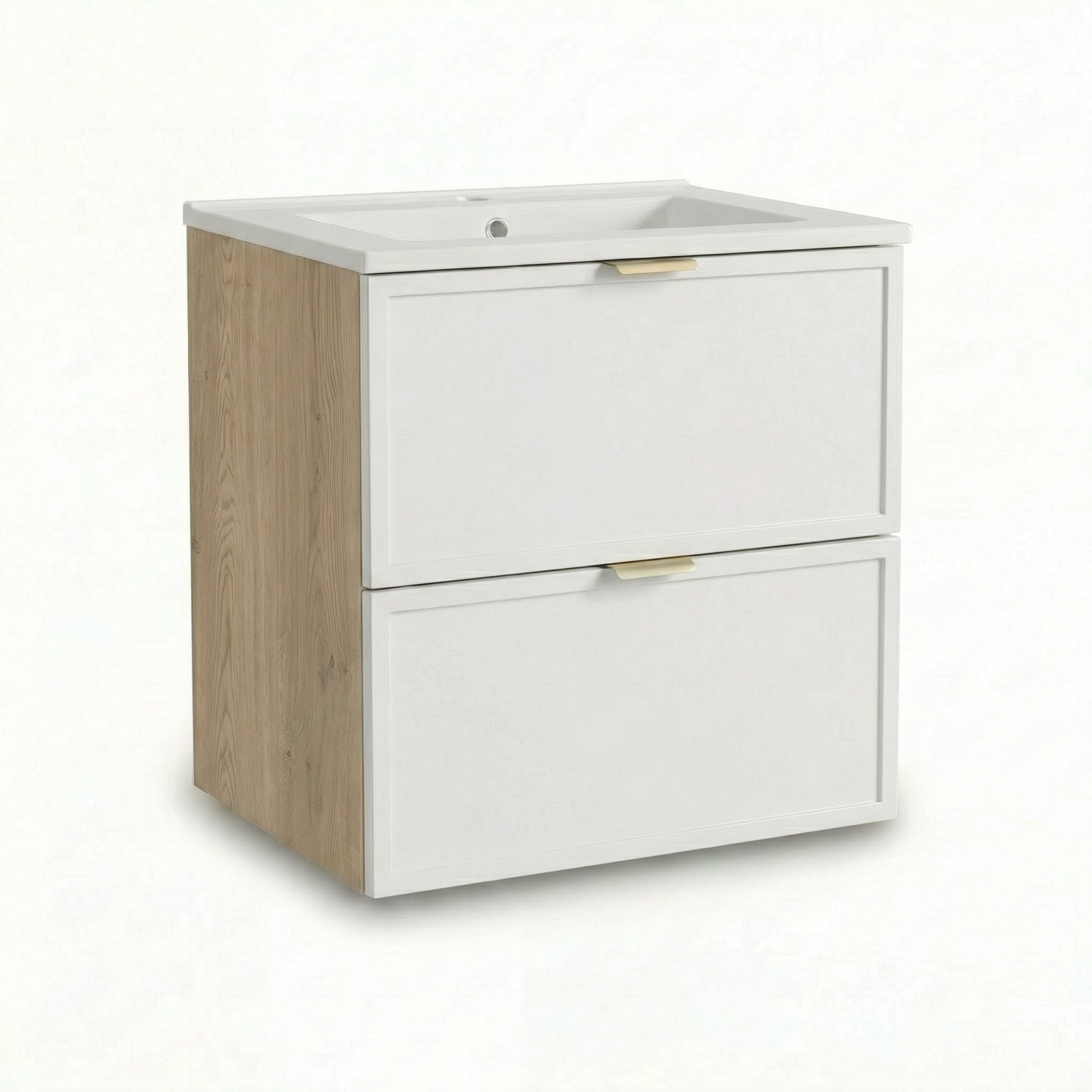 Szafka pod umywalkę 60 cm Roma Biały/Dąb Cremona z wpuszczaną umywalką i szufladami SOFT-CLOSE, nowoczesny design do łazienki.
