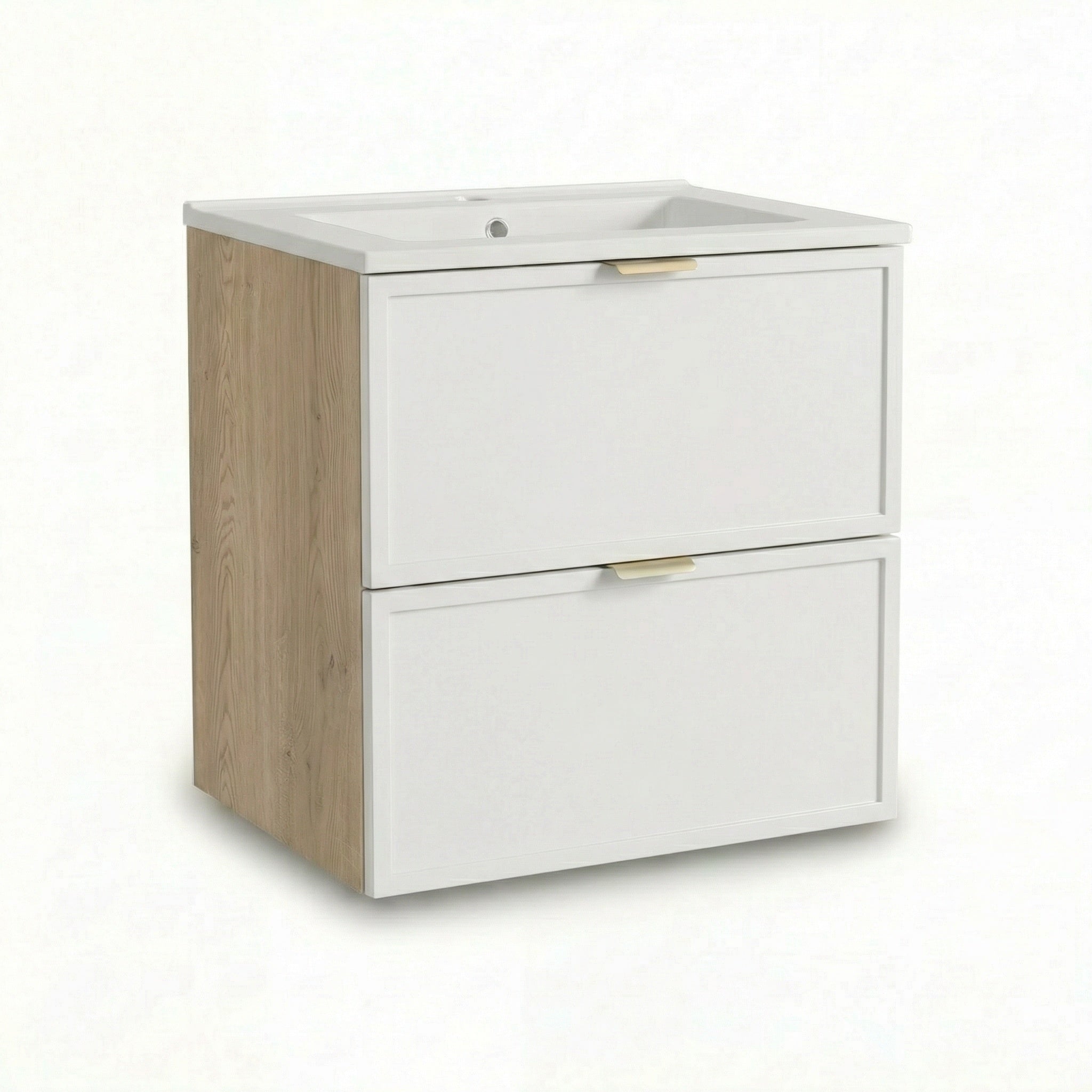 Szafka pod umywalkę 60 cm Roma Biały/Dąb Cremona z wpuszczaną umywalką i szufladami SOFT-CLOSE, nowoczesny design do łazienki.