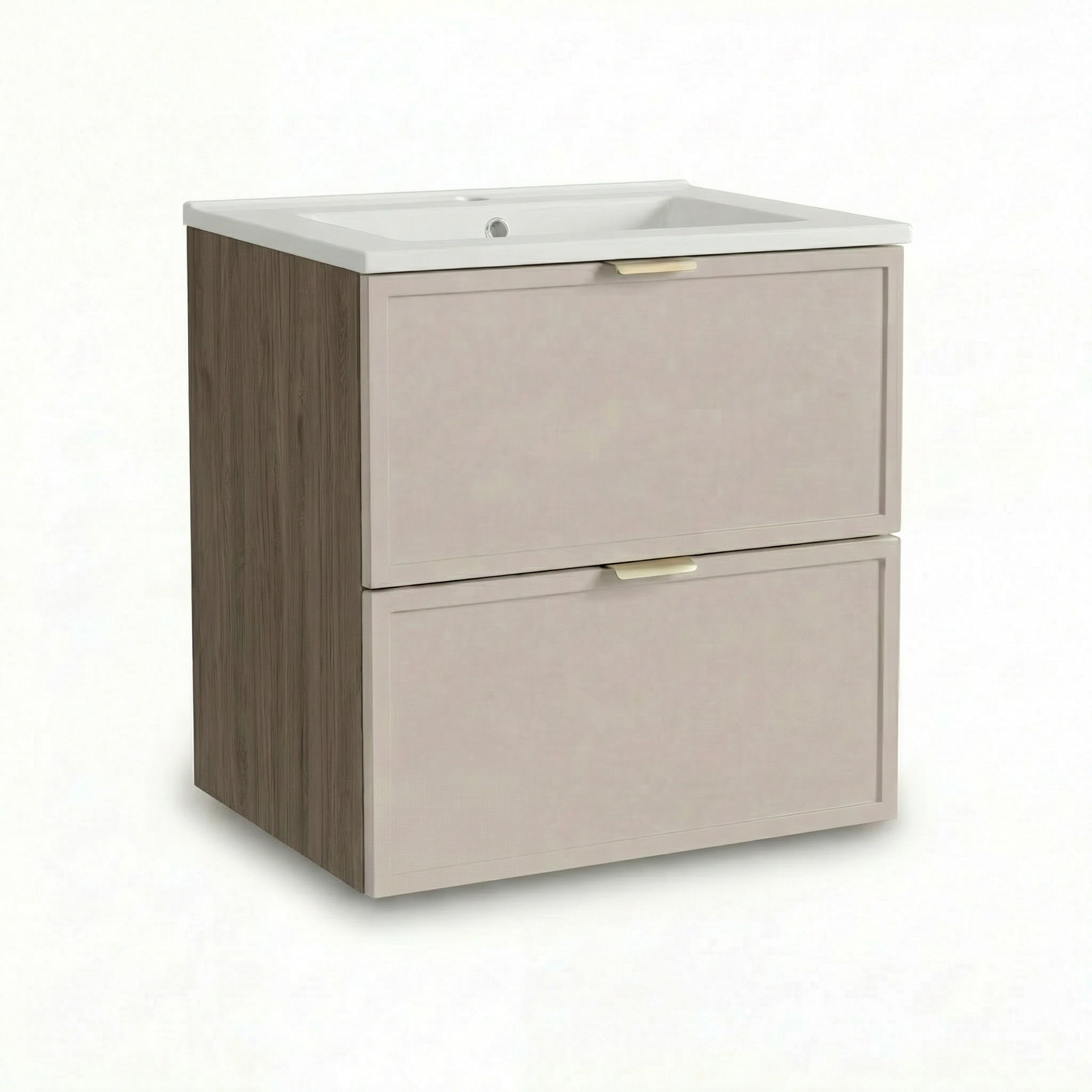 Szafka pod umywalkę Roma 60 cm Kaszmir/Ciemny Orzech z wpuszczaną umywalką i szufladami SOFT-CLOSE – elegancki i funkcjonalny zestaw łazienkowy.