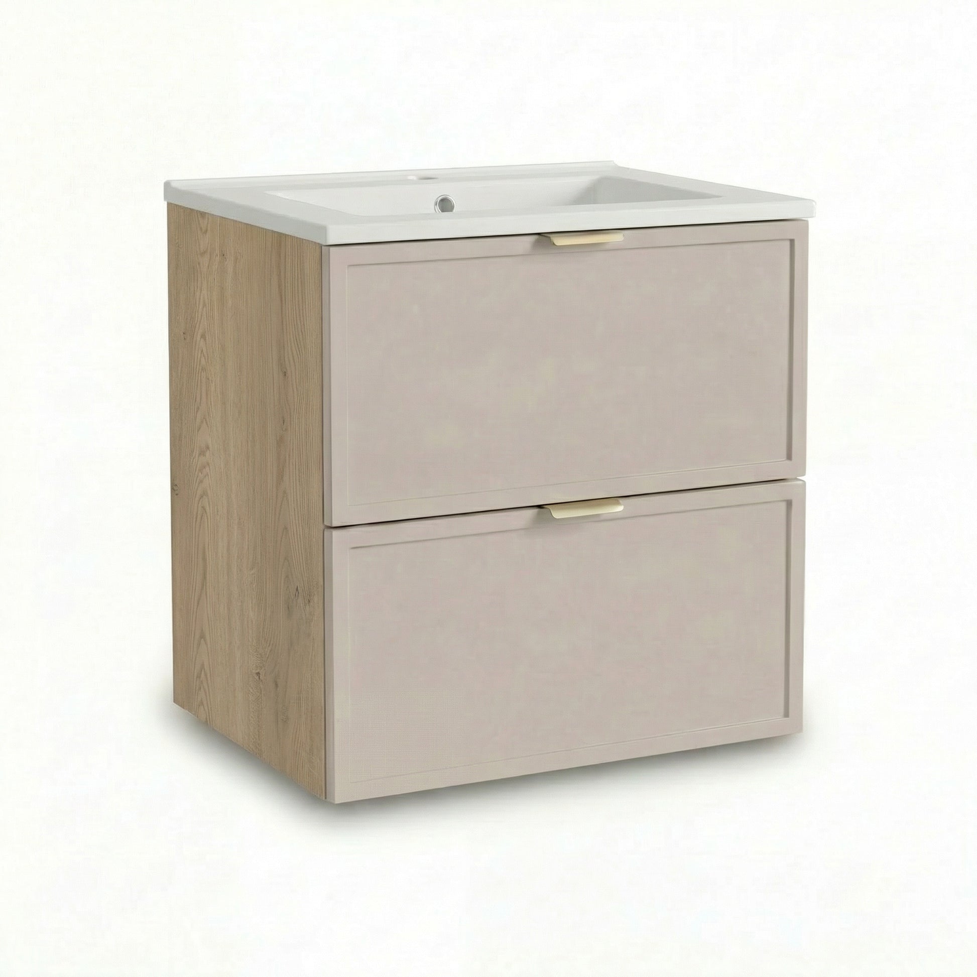 Szafka pod umywalkę Roma 60 cm Kaszmir/Dąb Cremona z wpuszczaną umywalką i szufladami SOFT-CLOSE – elegancki i funkcjonalny zestaw łazienkowy.