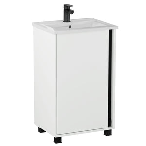 Szafka łazienkowa Fortis 50 cm z umywalką ceramiczną biały i czarny, nowoczesna szafka stojąca na nóżkach do małej łazienki, minimalistyczny design.