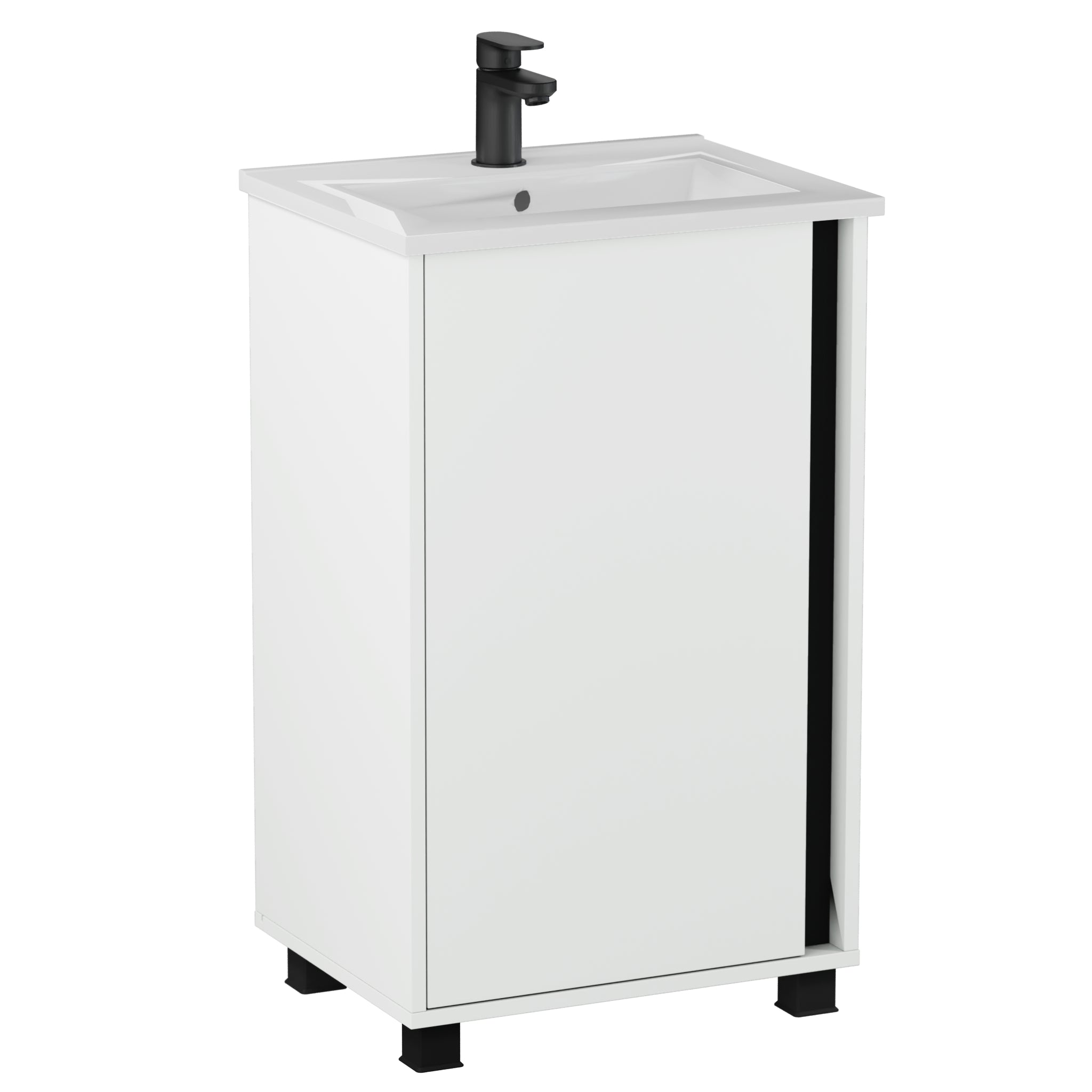 Szafka łazienkowa Fortis 50 cm z umywalką ceramiczną biały i czarny, nowoczesna szafka stojąca na nóżkach do małej łazienki, minimalistyczny design.