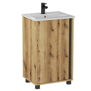 Szafka łazienkowa Fortis 50 cm z umywalką ceramiczną w kolorze dąb Evoke i czarną blendą, stojąca na czarnych nóżkach, nowoczesny mebel do małej łazienki.