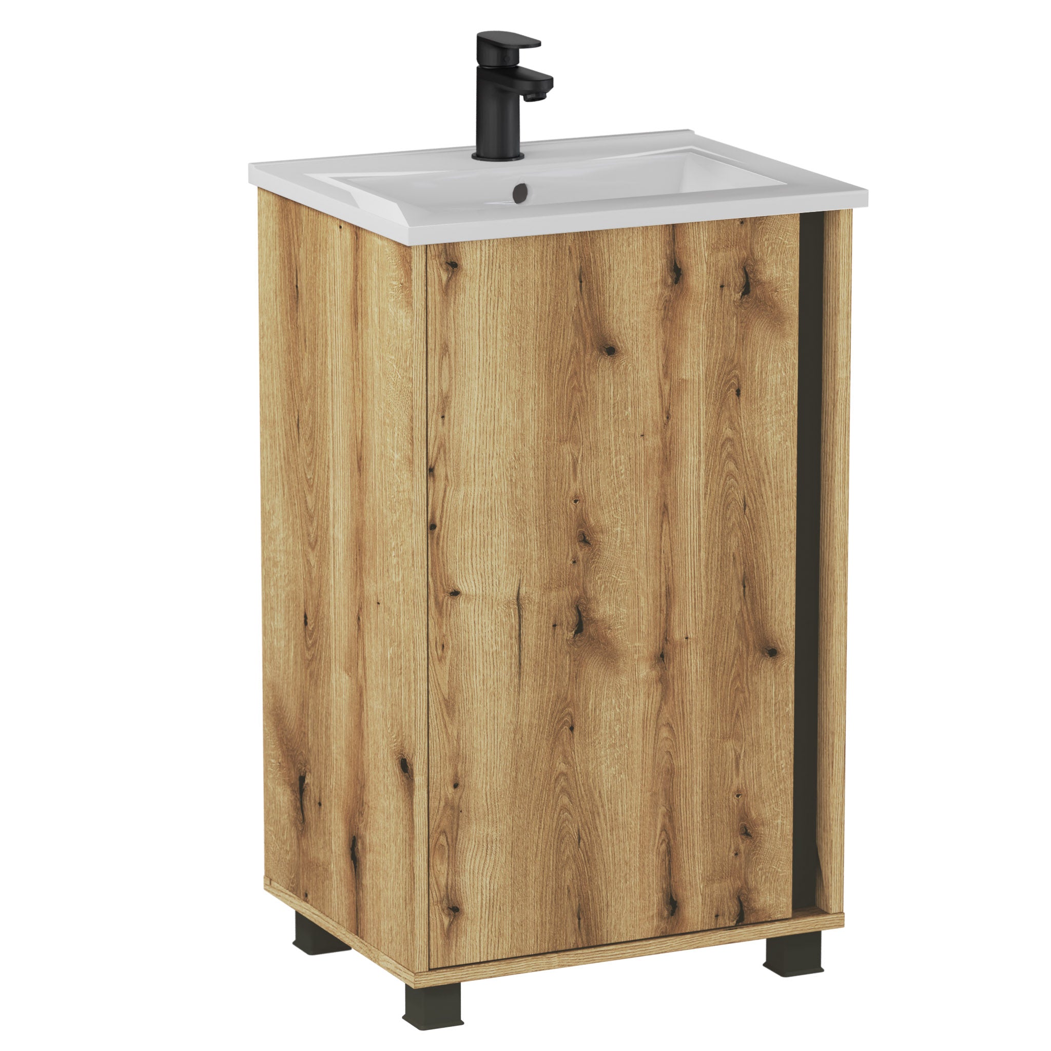 Szafka łazienkowa Fortis 50 cm z umywalką ceramiczną w kolorze dąb Evoke i czarną blendą, stojąca na czarnych nóżkach, nowoczesny mebel do małej łazienki.