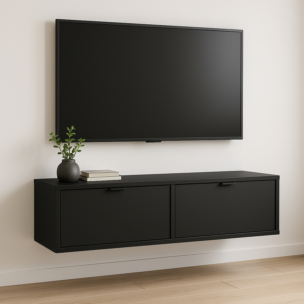 TV-Schrank 140 cm breit aus der Serie Aura – elegante, glatte Fronten in klassischem Schwarz, in schwebender Optik mit schwarzen Metallgriffen. Modernes Design, das minimalistische Ästhetik mit funktionalem Stauraum kombiniert und Ihrem Wohnzimmer eine zeitlose Eleganz verleiht.