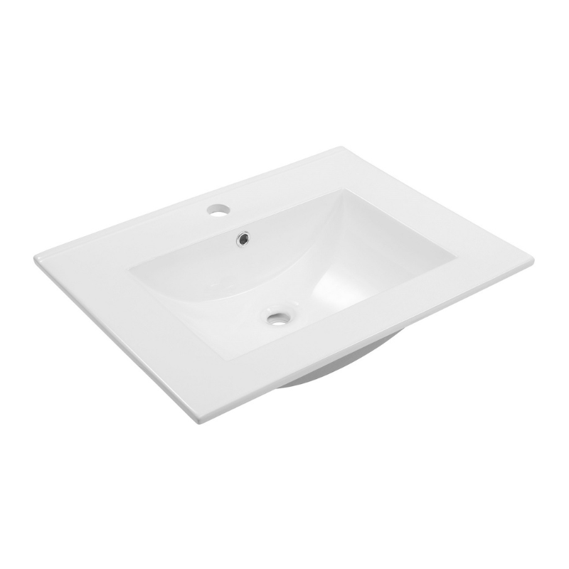 Biała umywalka ceramiczna 60 cm, nowoczesna forma, odporna na zarysowania i przebarwienia, łatwa w czyszczeniu, idealna do zestawu ze szafką łazienkową.