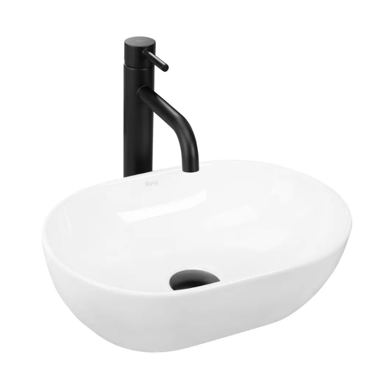 Umywalka AMELIA MINI 38 cm biała połysk – kompaktowa, funkcjonalna umywalka z ceramiki sanitarnej, montaż na blacie, bez otworu na baterię.