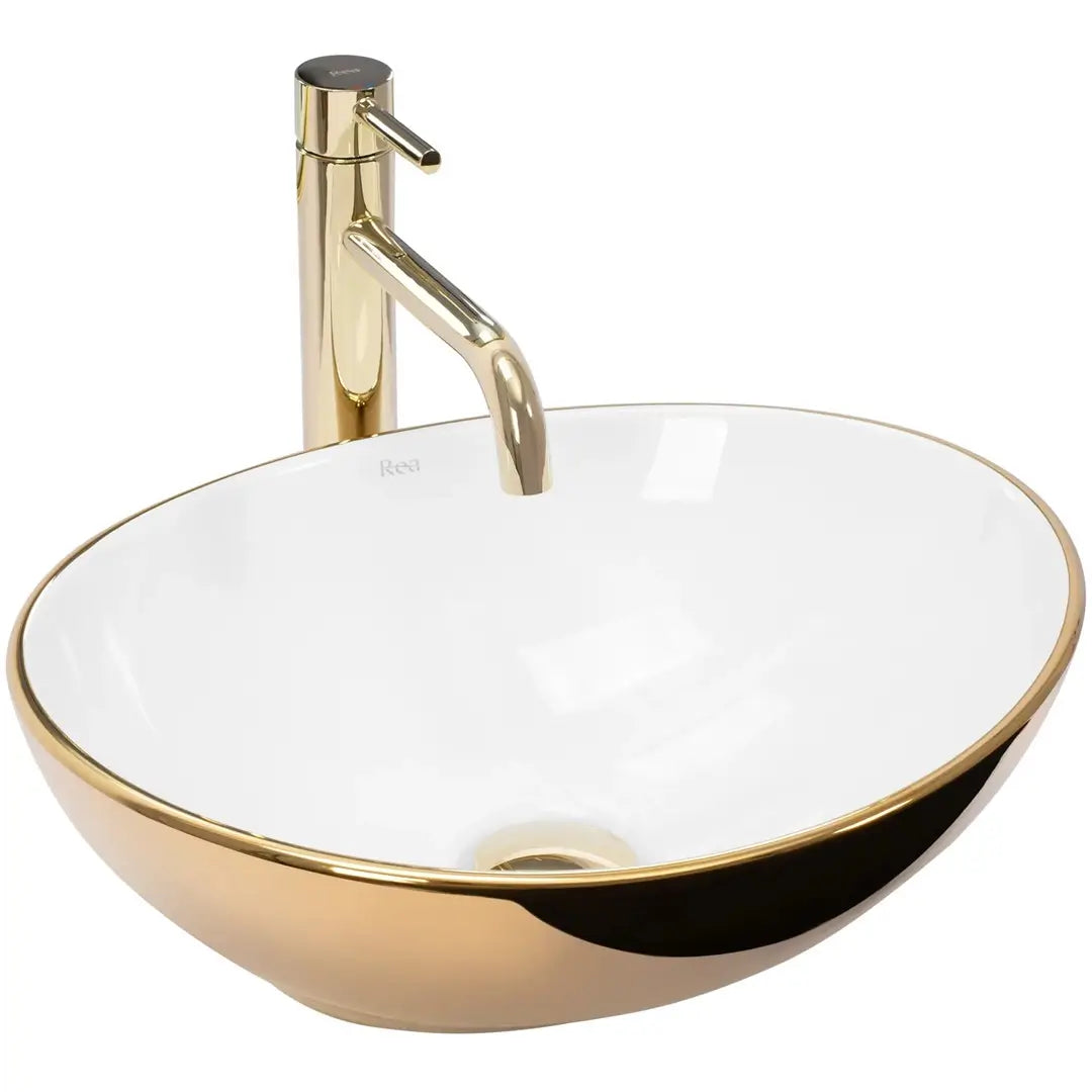Umywalka nablatowa Sofia 40 cm złota z białym wnętrzem, elegancka ceramiczna umywalka do nowoczesnej łazienki.