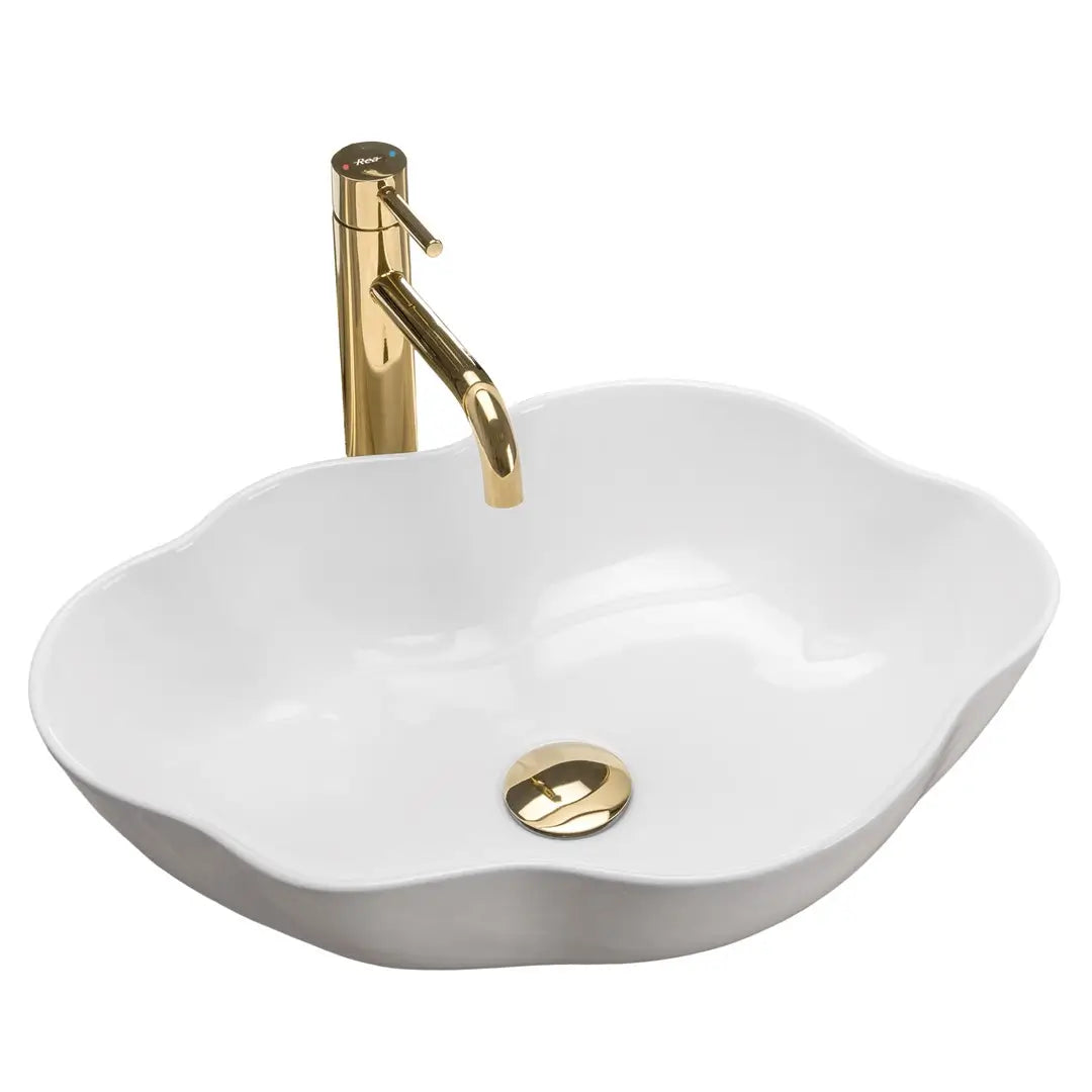 Umywalka nablatowa Pearl 50 cm biała ceramika z falowanym rantem, owalna umywalka do nowoczesnej łazienki.