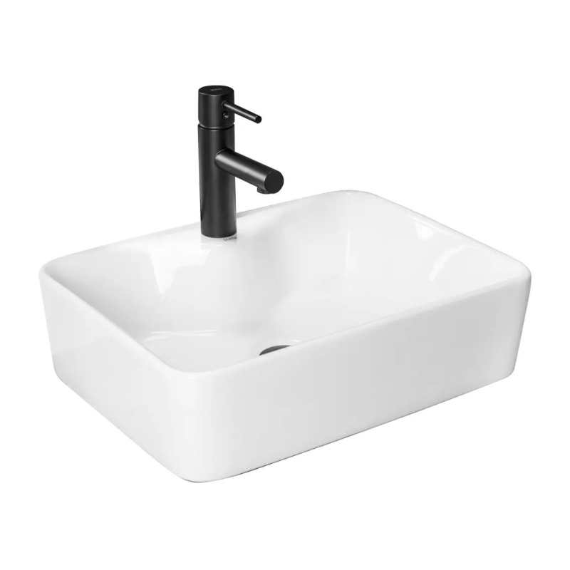 Umywalka nablatowa Kelly 50 cm biały połysk – prostokątna, głęboka misa z ceramiki sanitarnej, nowoczesna i minimalistyczna.