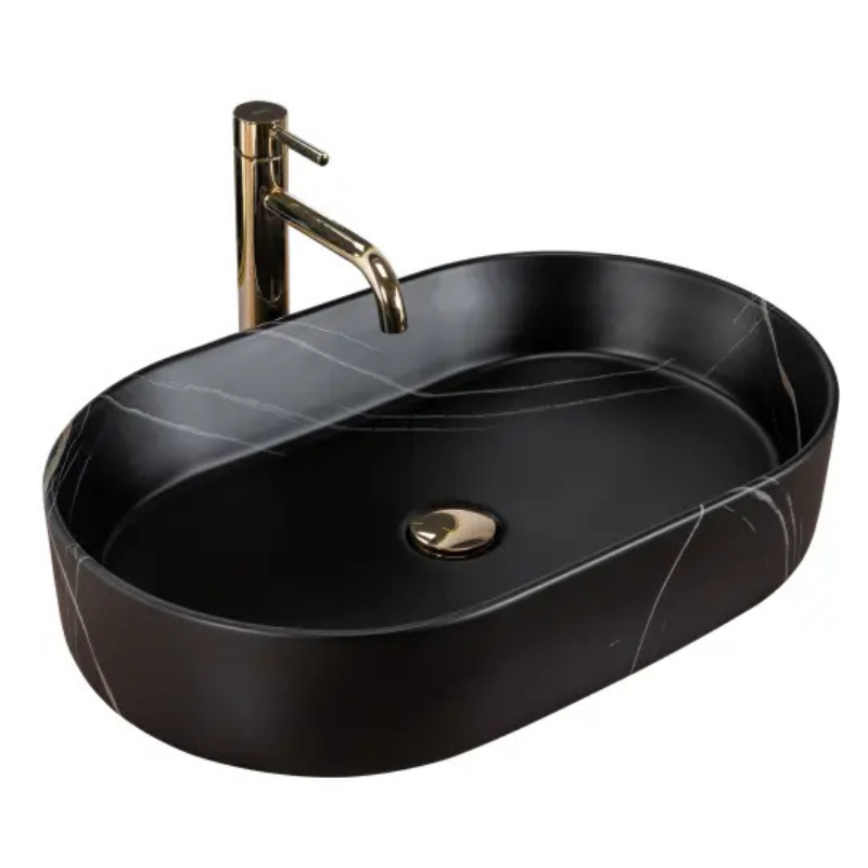 Umywalka nablatowa Nadia 60 cm, matowa black stone, owalna, nowoczesny design, brak otworu na baterię.