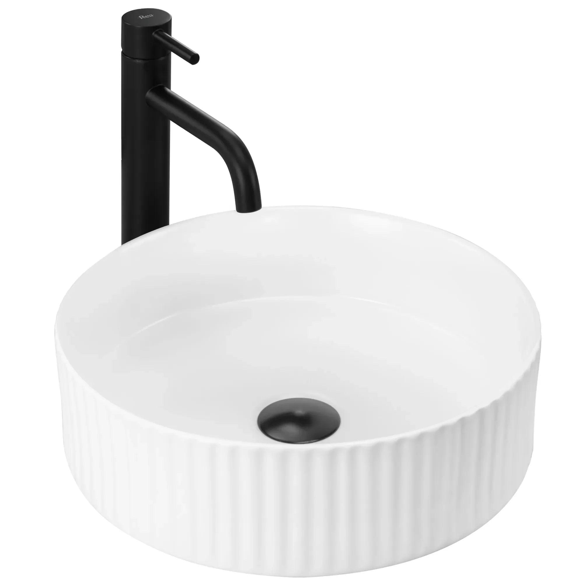 Umywalka nablatowa Delia 36 cm biała ryflowana – kompaktowa, okrągła misa z ceramiki sanitarnej, nowoczesna i funkcjonalna.