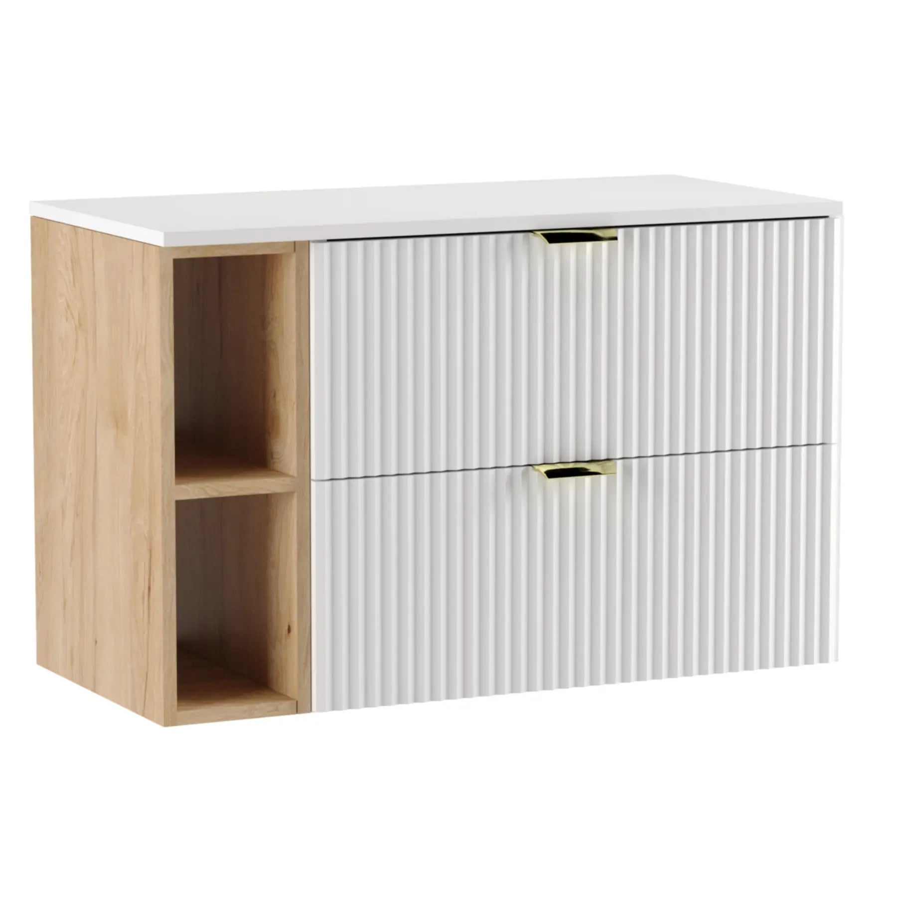 Moderner Waschtischunterschrank Willy, 100 cm, in Weiß mit natürlichem Walnuss-Regal und weißer Platte.