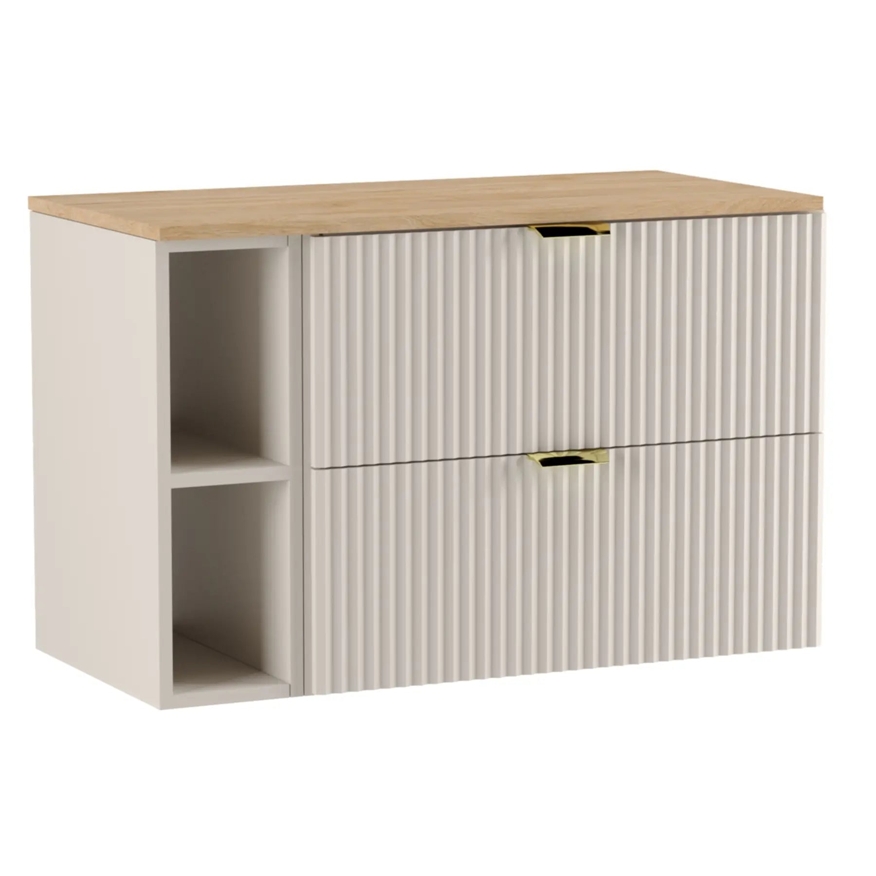 Waschtischunterschrank Willy, 100 cm breit, in Kaschmir mit Walnussplatte für modernes Badezimmerdesign.