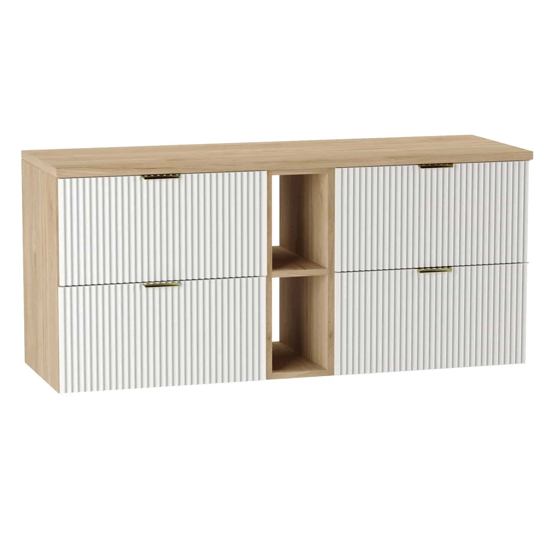 Waschtischunterschrank Willy, 140 cm, in Weiß/Walnuss, geräumig und praktisch für das Badezimmer.